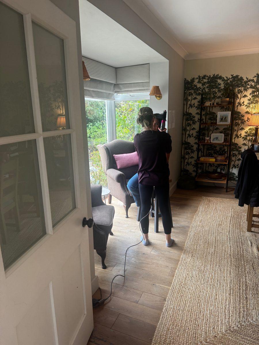 Looking through a doorway into the room set up for the shoot