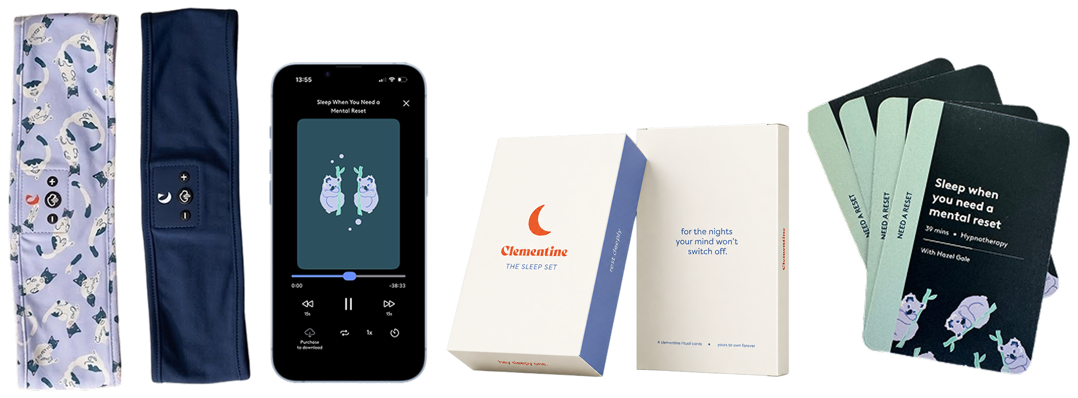 The Clementine Unwind & Sleep Kit: the sleep headband, its box and the session cards, on a transparent background