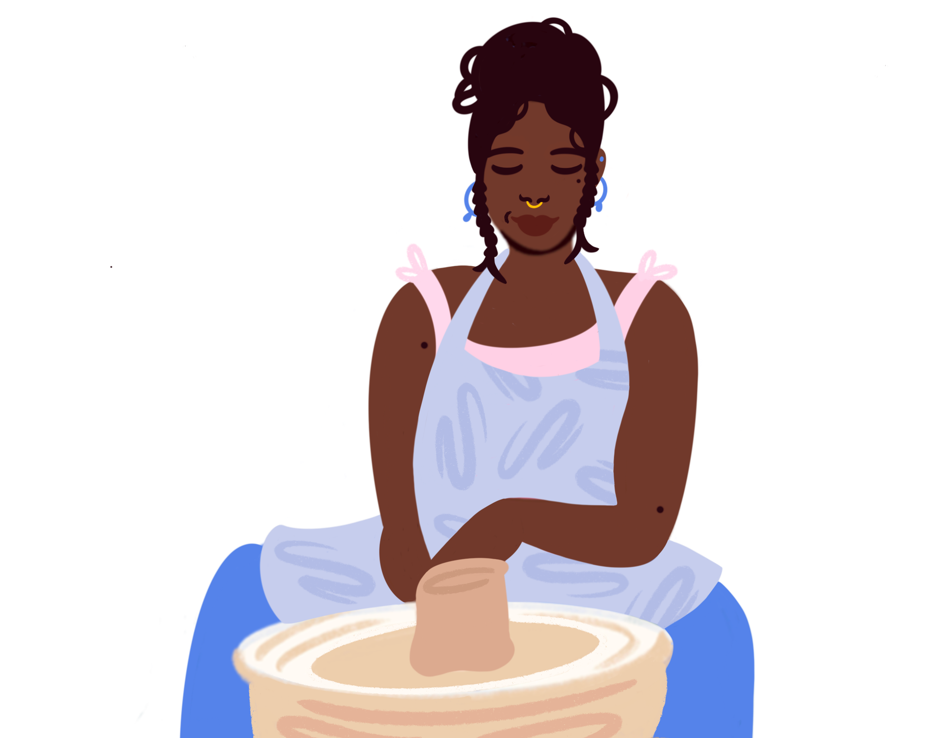 A woman with her eyes closed, calmly shaping clay on a potter's wheel