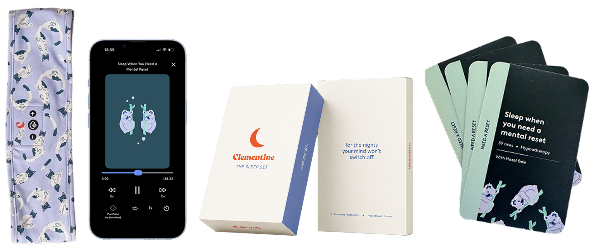 The Clementine sleep band, the Clementine app, the box and the sleep ritual cards